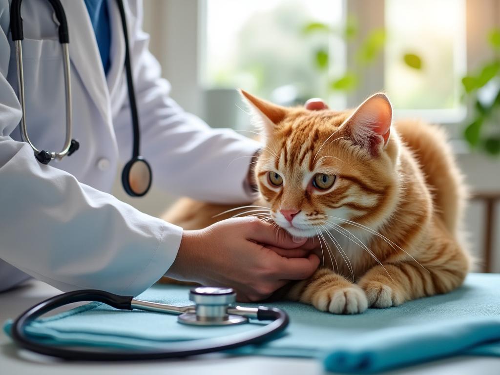 Vétérinaire examinant un chat roux sur la table.