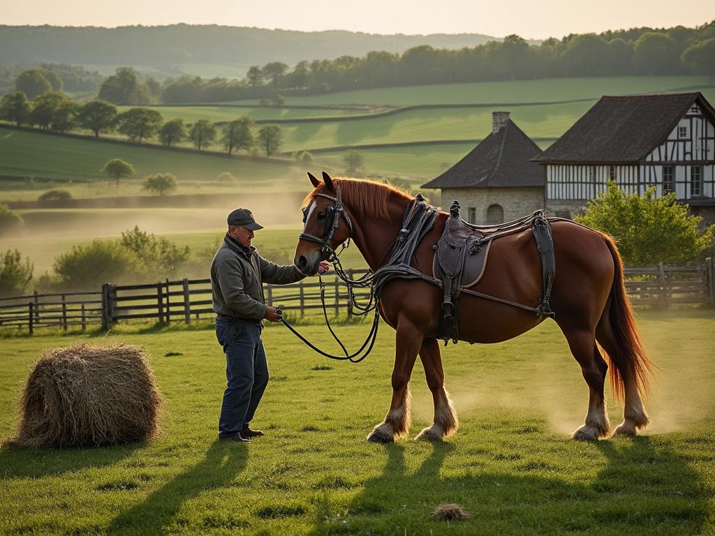 Homme tenant un cheval de trait dans un champ.